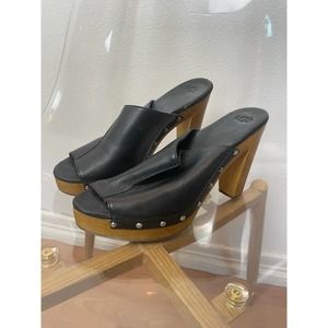 UGG Black Leather & Wood Style Chunky Heels
